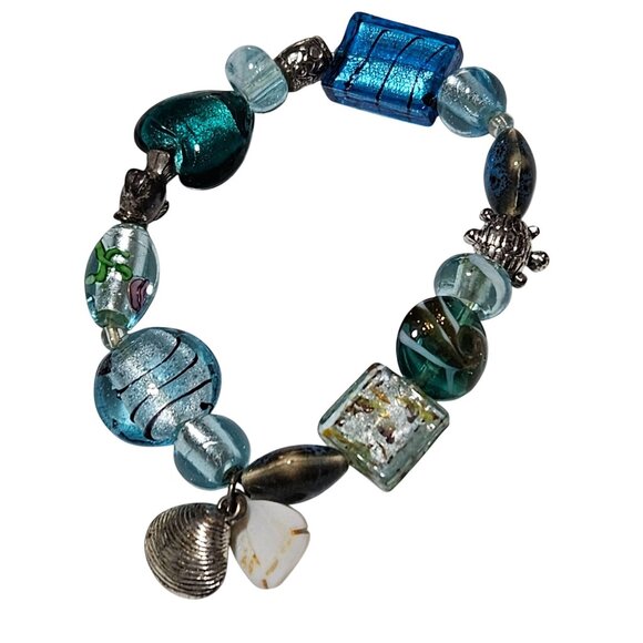 Boho Handmade Glass Bead Charm Bracelet Ocean Themed Design Beach Core Jewelry - Picture 1 of 7